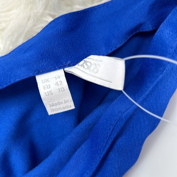 NWT ASOS Rare white line royal blue satin midi long sleeve tie cuff v neck dress - Picture 7 of 11